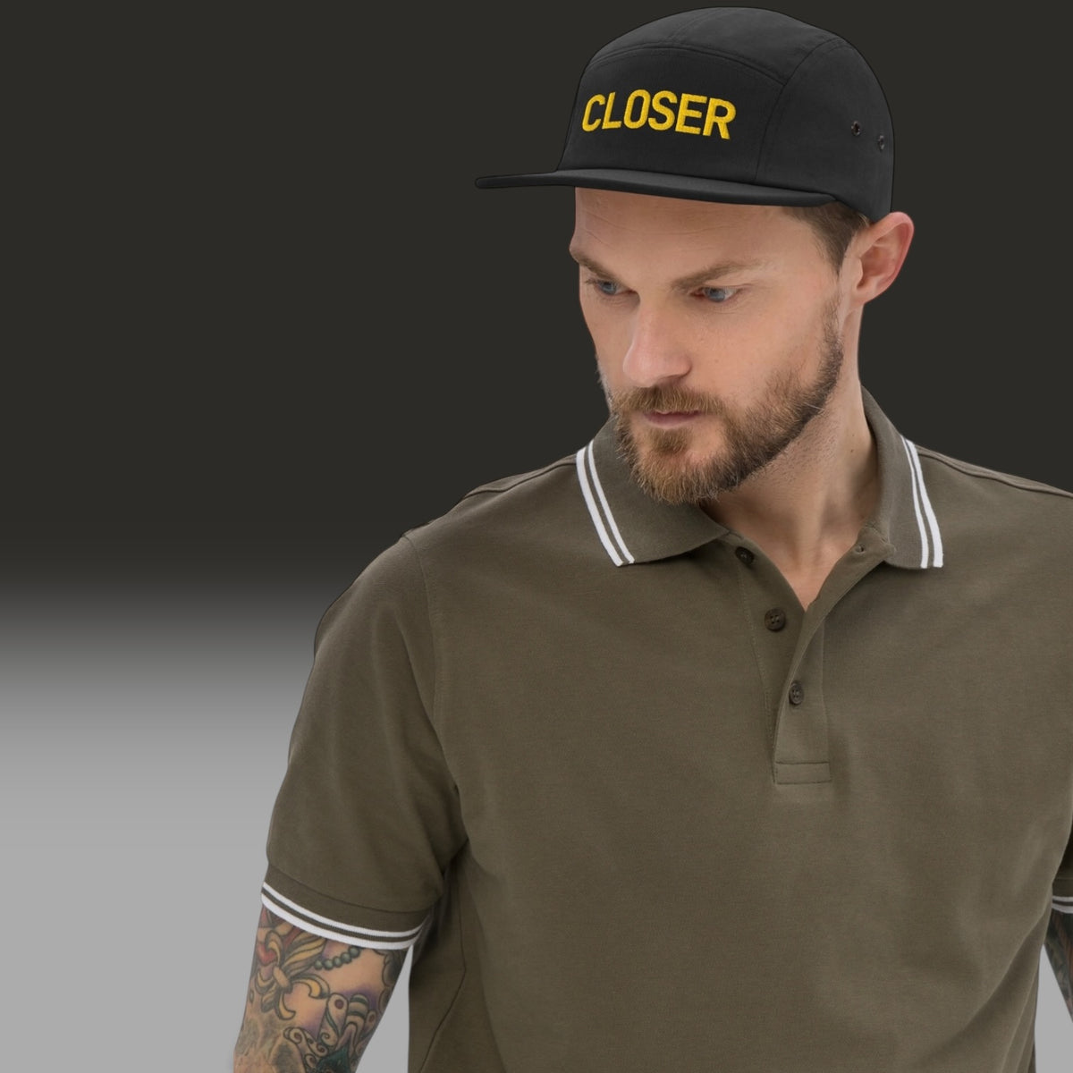 CLOSER five panel cap in black, yellow stitch — BLUE SICKS OPERATOR