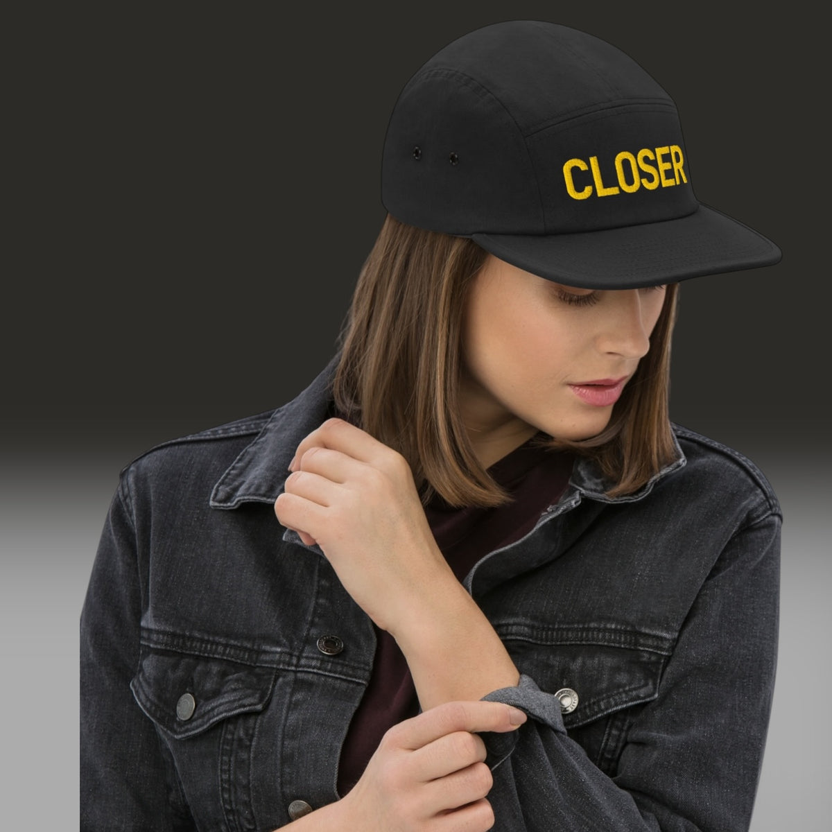 CLOSER five panel cap in black, yellow stitch — BLUE SICKS OPERATOR