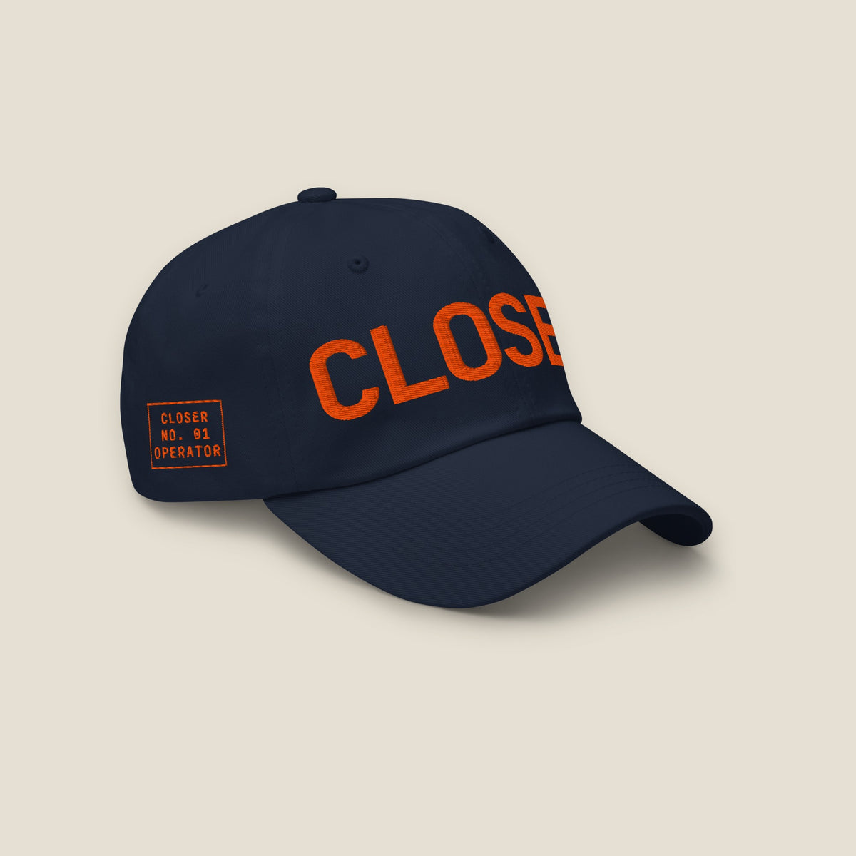 CLOSER low profile hat, orange on navy