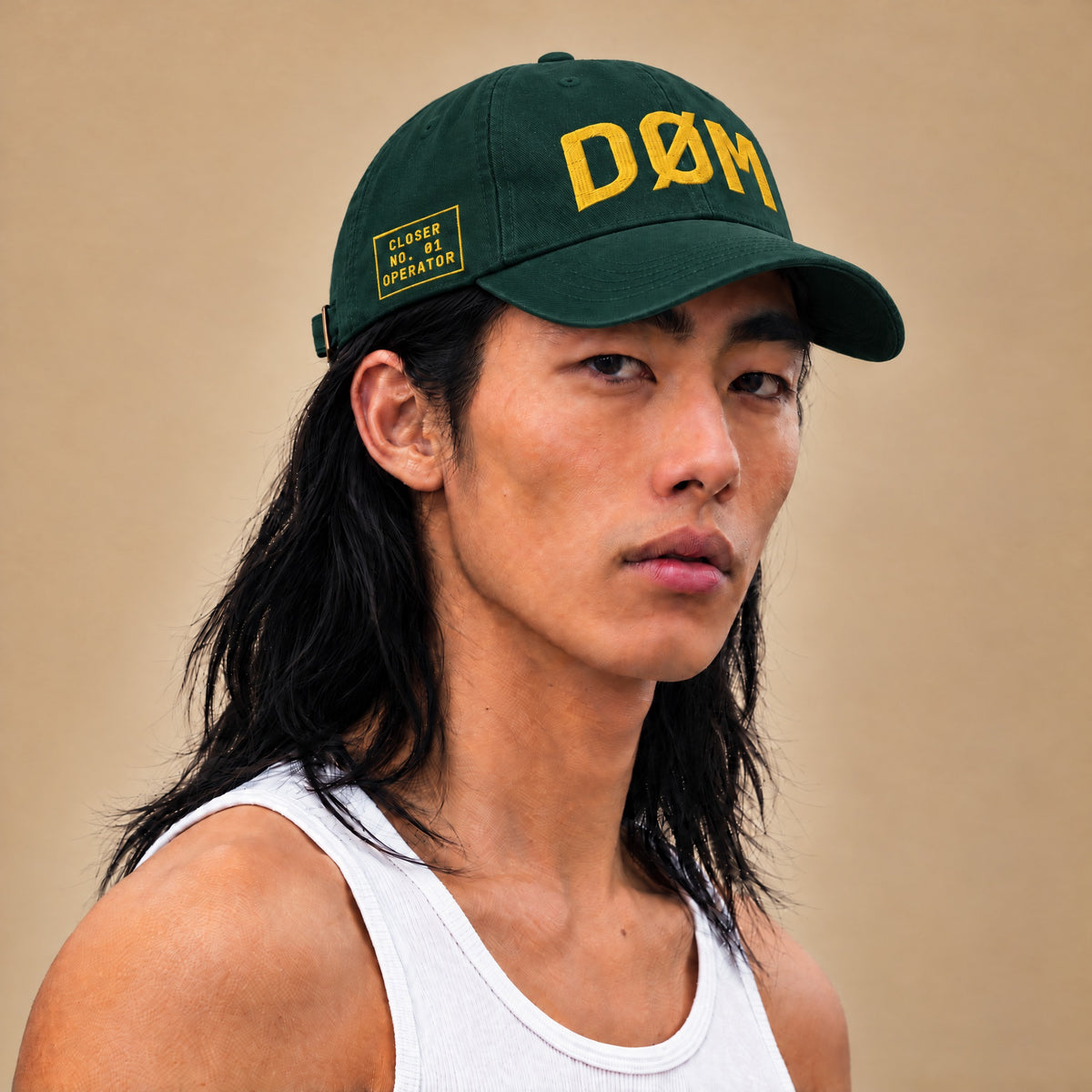 DØM low profile hat, yellow on spruce, on model