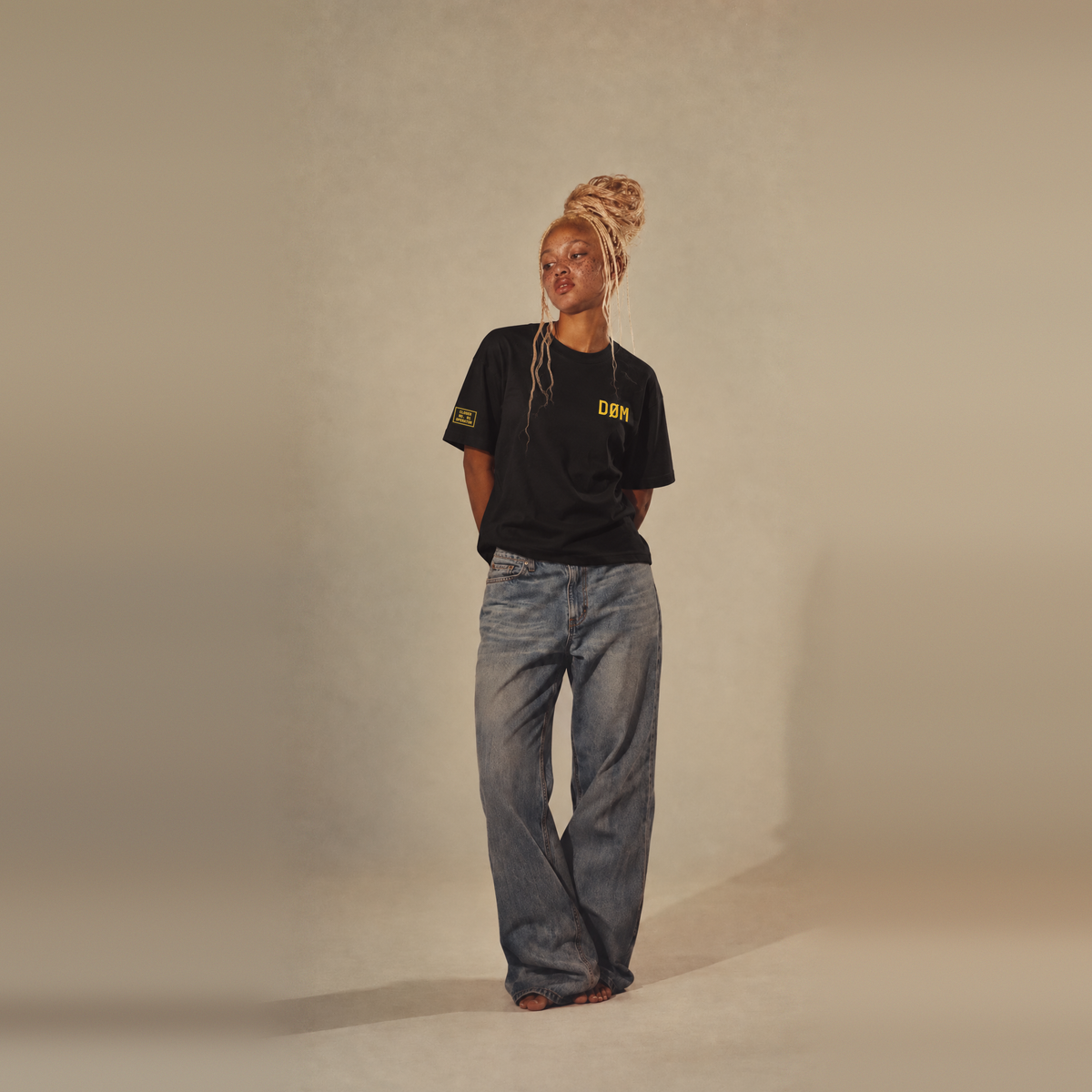 DØM · Unisex Organic · Oversized High Neck Tee · Black · Yellow Stitch