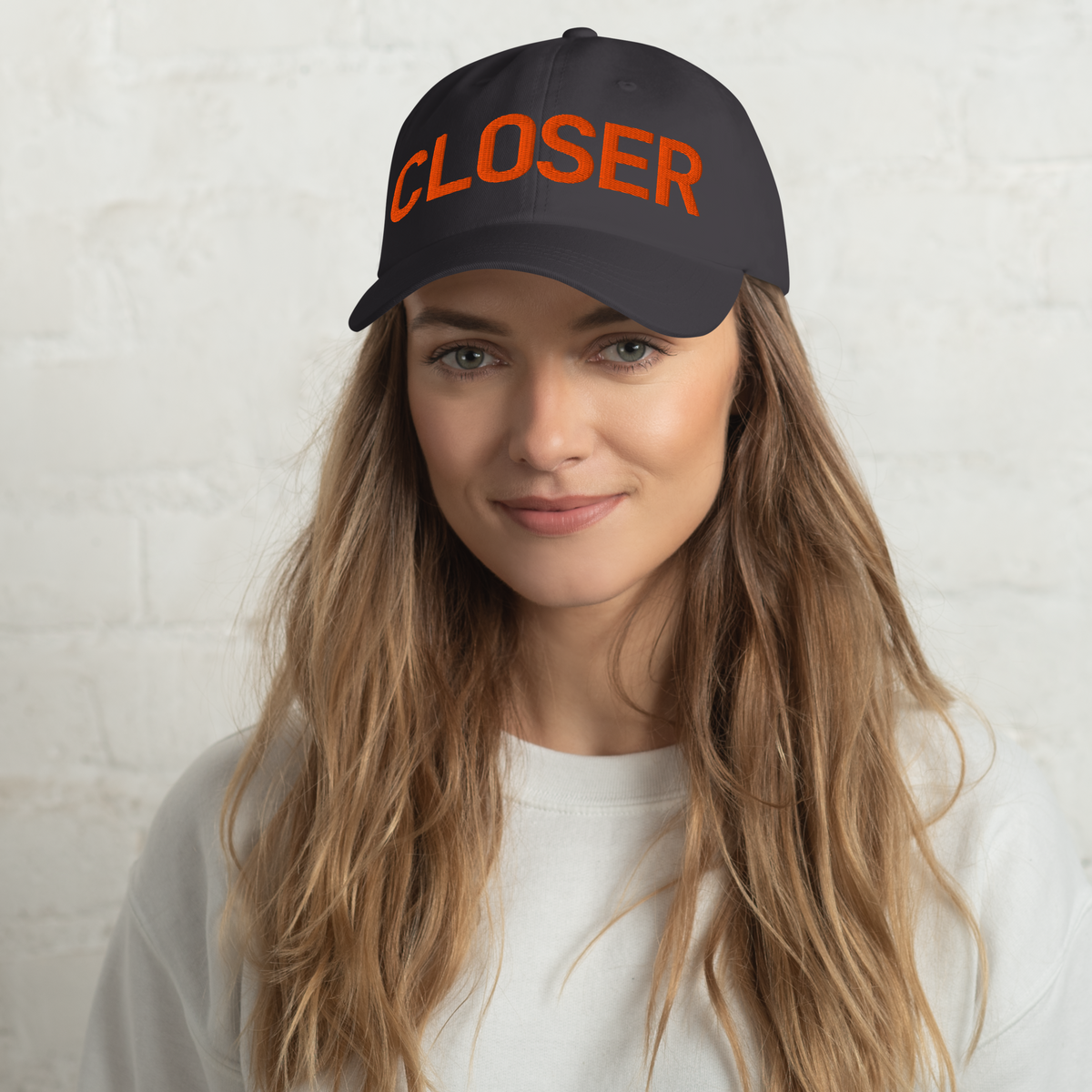 CLOSER low profile hat in dark grey, orange stitch — BLUE SICKS OPERATOR