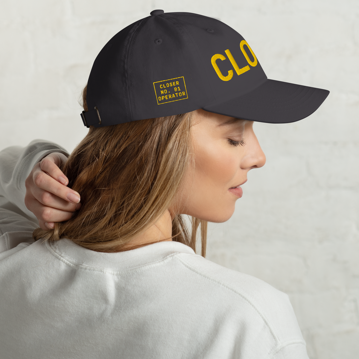 CLOSER low profile hat in dark grey, yellow stitch — BLUE SICKS OPERATOR