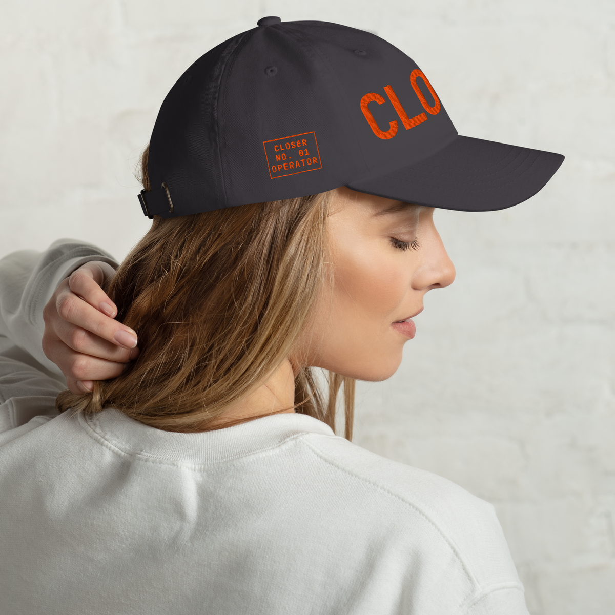 CLOSER low profile hat in dark grey, orange stitch — BLUE SICKS OPERATOR