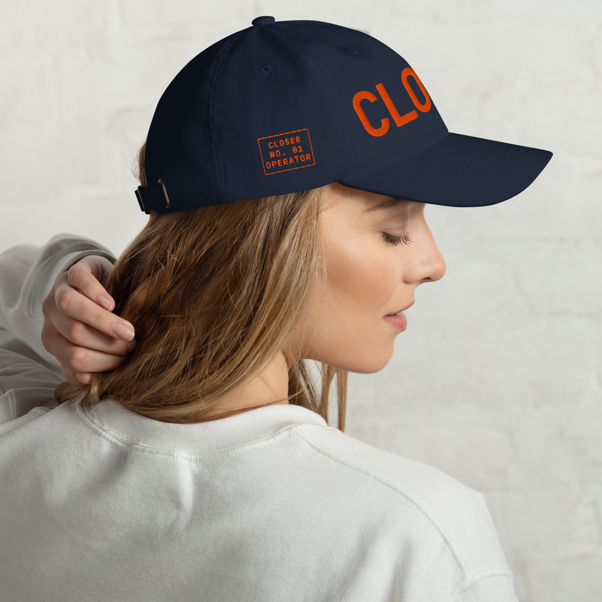 CLOSER low profile hat in navy, orange stitch — BLUE SICKS OPERATOR
