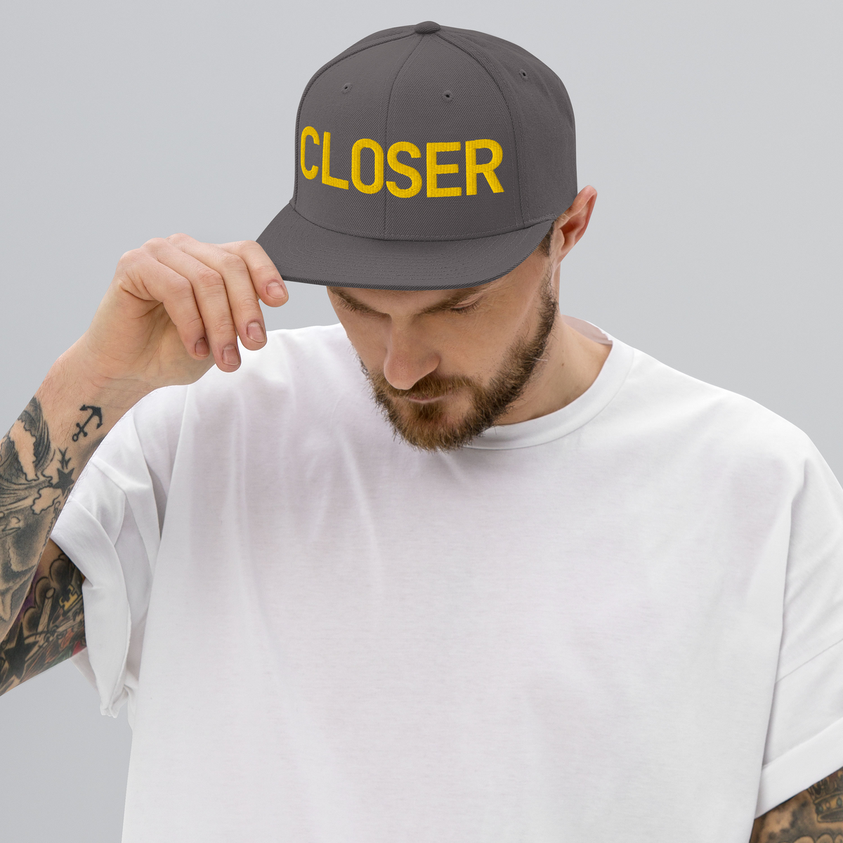 CLOSER snapback hat in dark grey, yellow stitch — BLUE SICKS OPERATOR