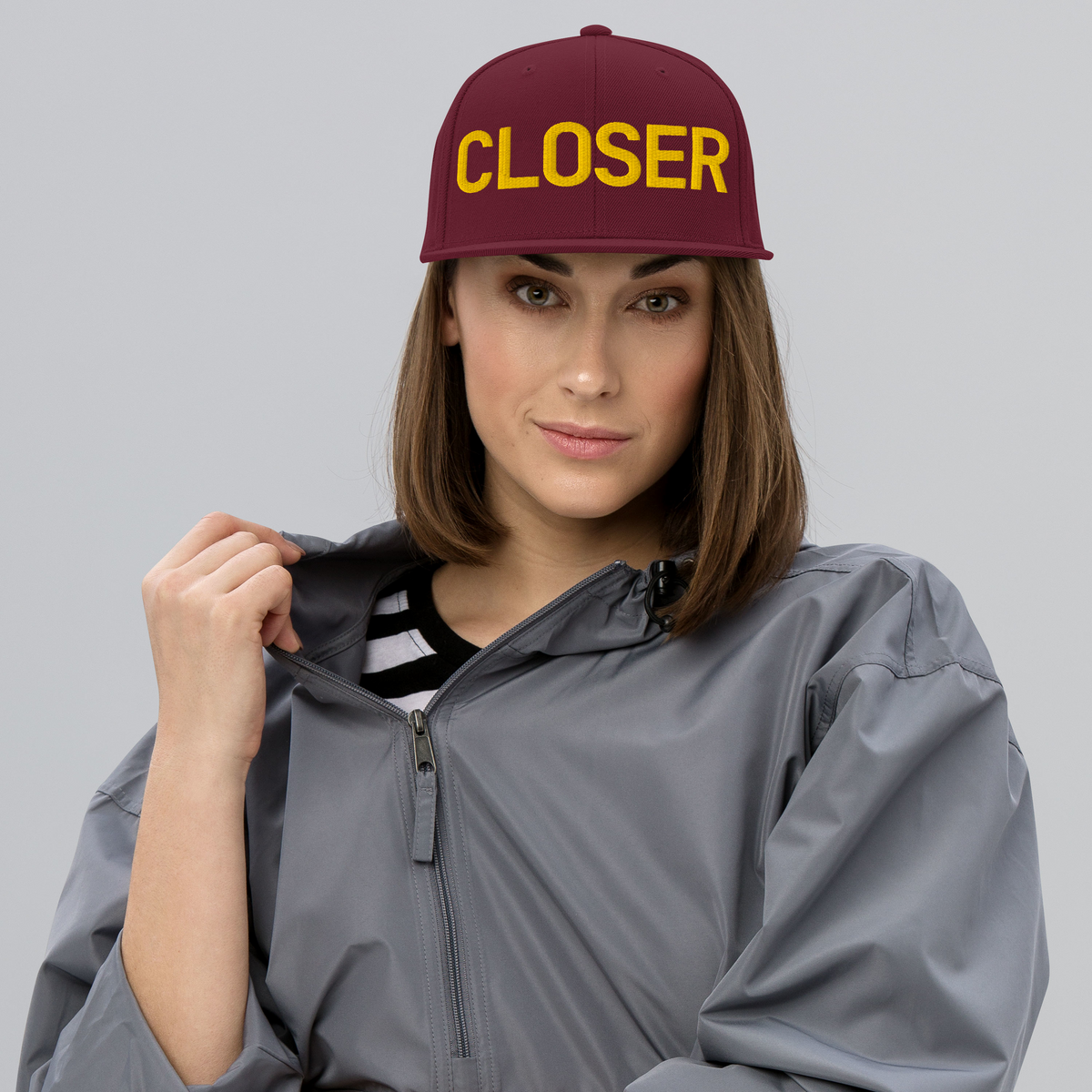 CLOSER snapback hat in maroon, yellow stitch — BLUE SICKS OPERATOR