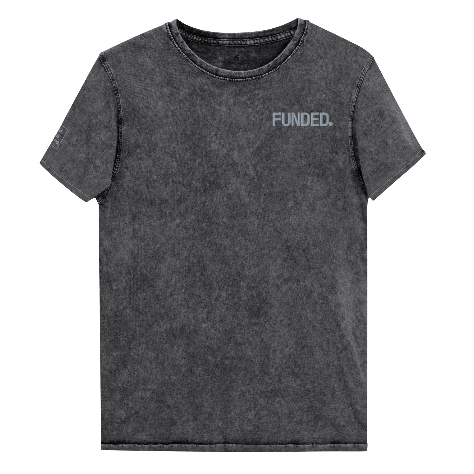 FUNDED. embroidered mineral-wash denim tee in Charcoal — front view, embroidered · Closer Capsule No. 01 · Blue Sicks