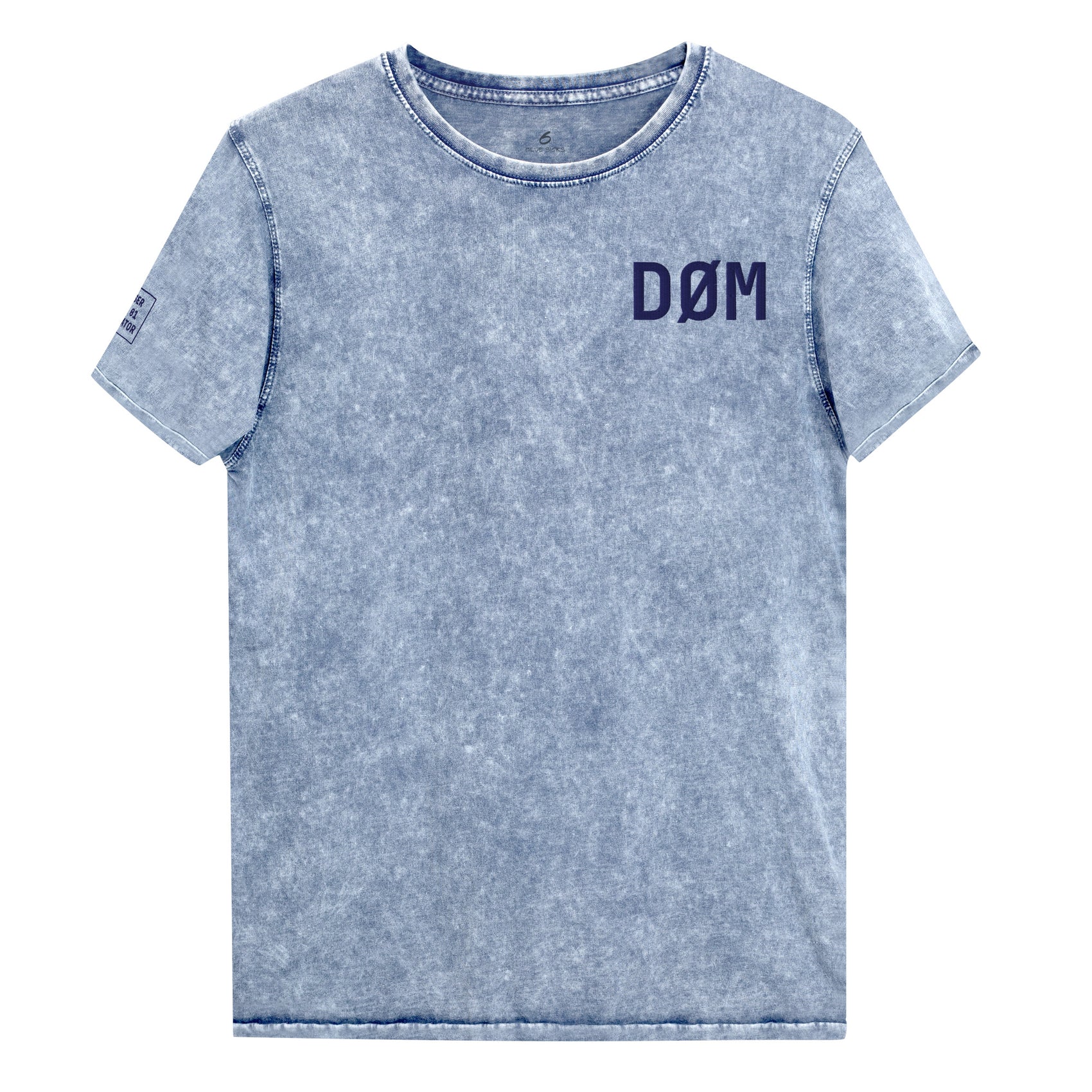 DØM embroidered mineral-wash denim tee in Blue — front view, embroidered · Closer Capsule No. 01 · Blue Sicks