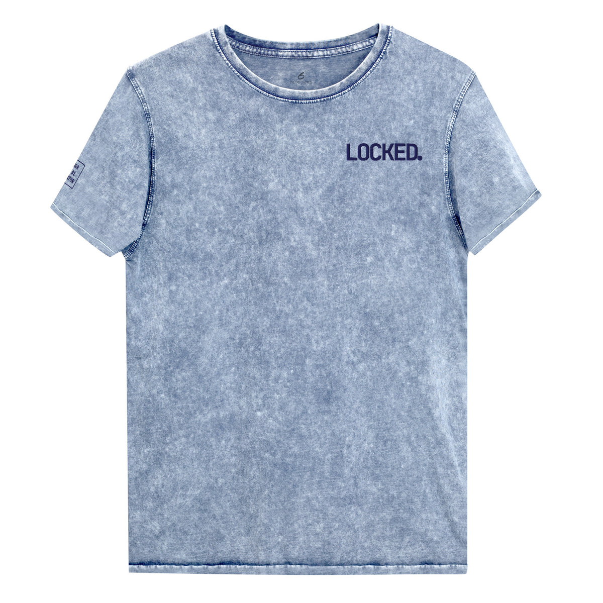 LOCKED. embroidered mineral-wash denim tee in Blue — front view, embroidered · Closer Capsule No. 01 · Blue Sicks