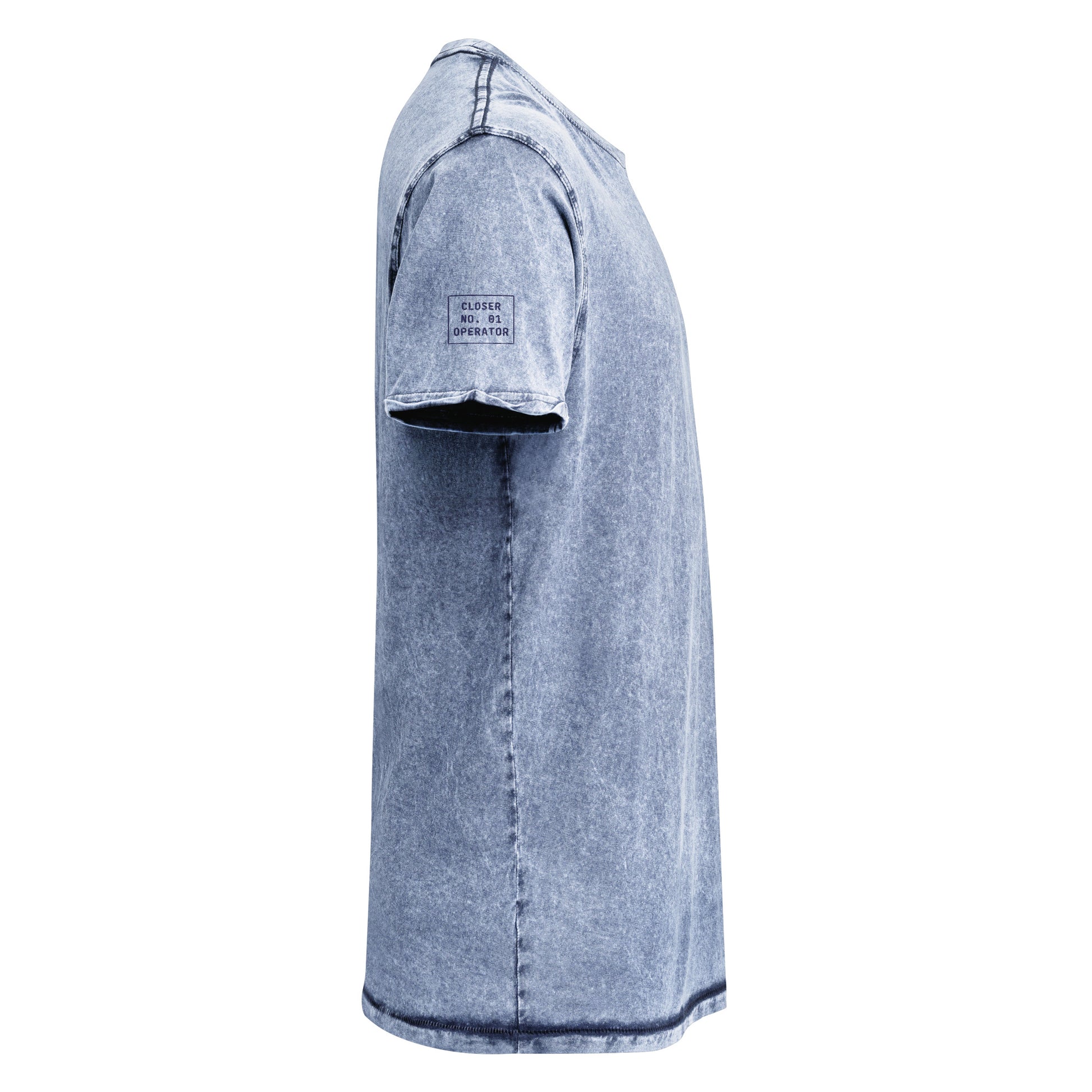 DØM embroidered mineral-wash denim tee in Blue — right side view, embroidered · Closer Capsule No. 01 · Blue Sicks
