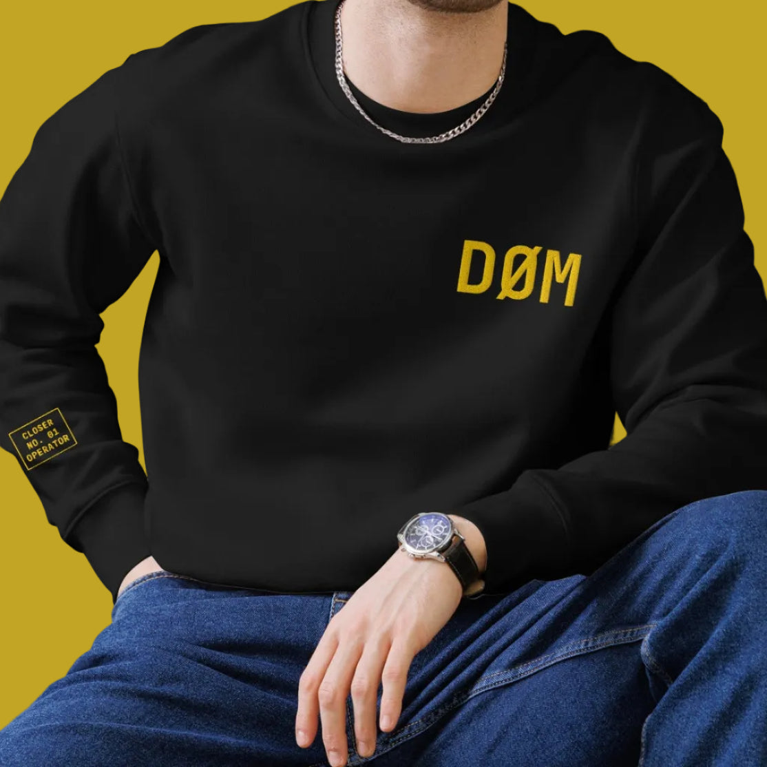 DØM organic crewneck in black, yellow stitch — BLUE SICKS OPERATOR