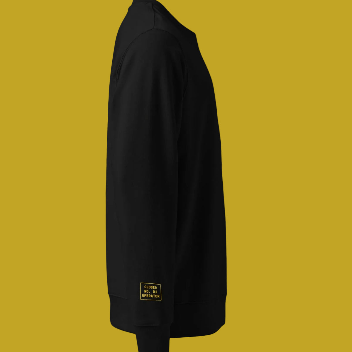 Organic crewneck in black, yellow stitch — BLUE SICKS OPERATOR