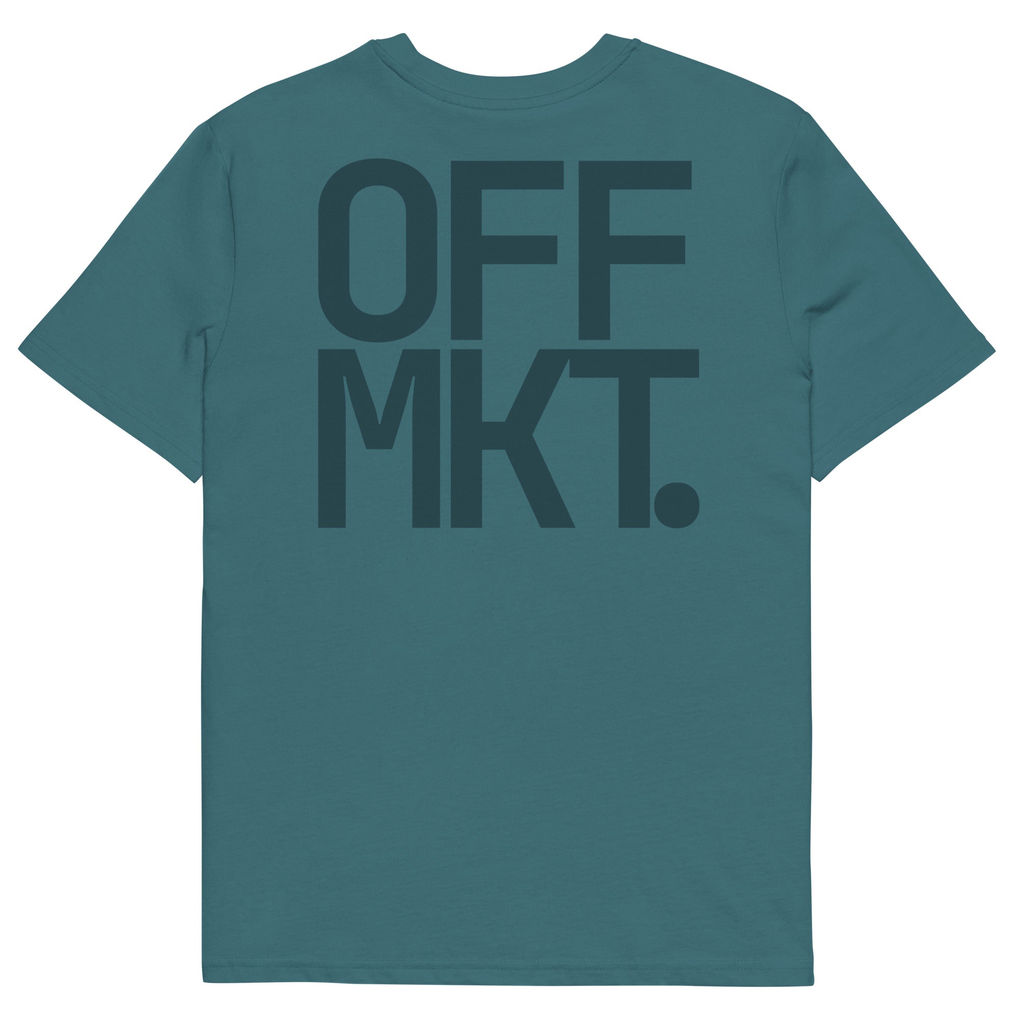 OFF MKT. organic cotton tee in Deep Teal — back view, tonal brutalist print · Closer Capsule No. 01 · Blue Sicks