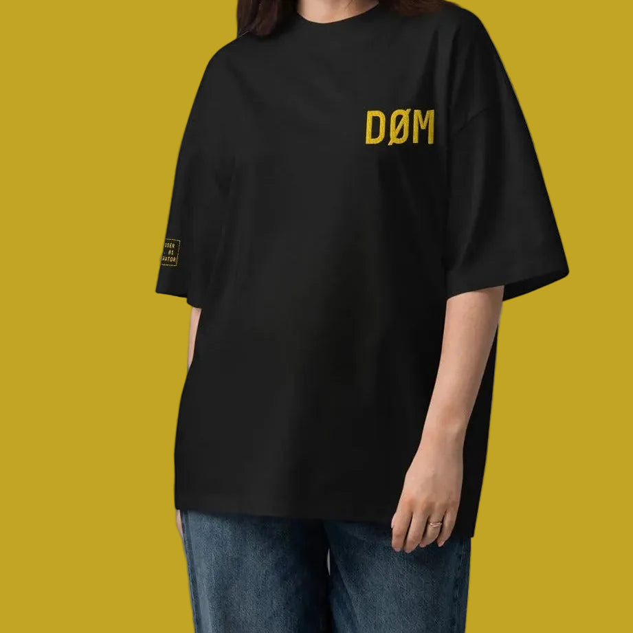 DØM oversized high neck t-shirt in black, yellow stitch, on model — BLUE SICKS OPERATOR