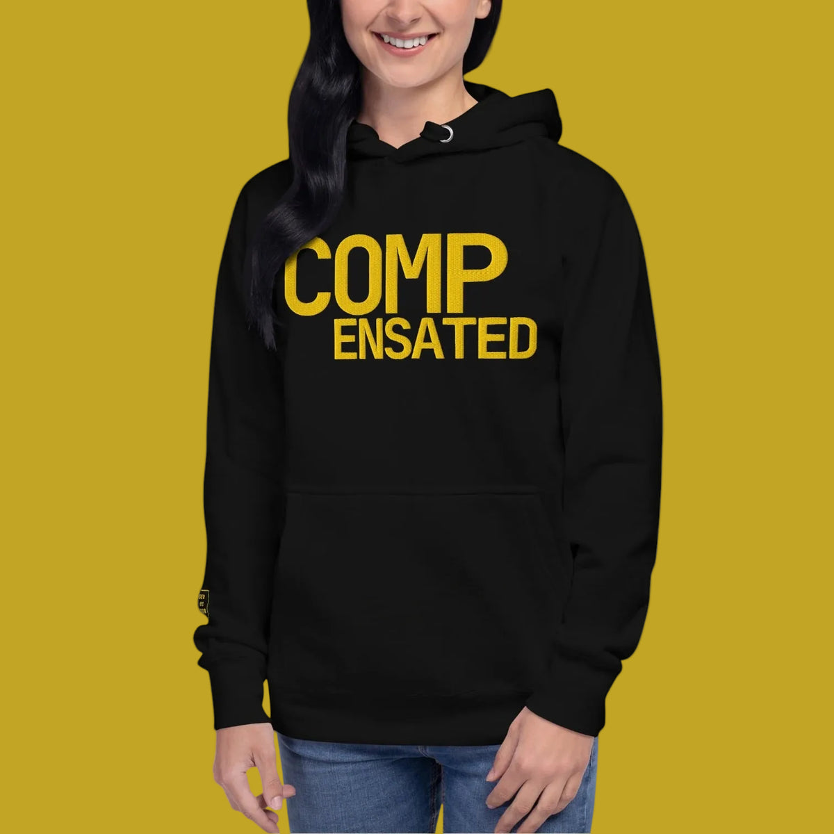 COMPENSATED heavyweight hoodie, yellow stitch — BLUE SICKS OPERATOR