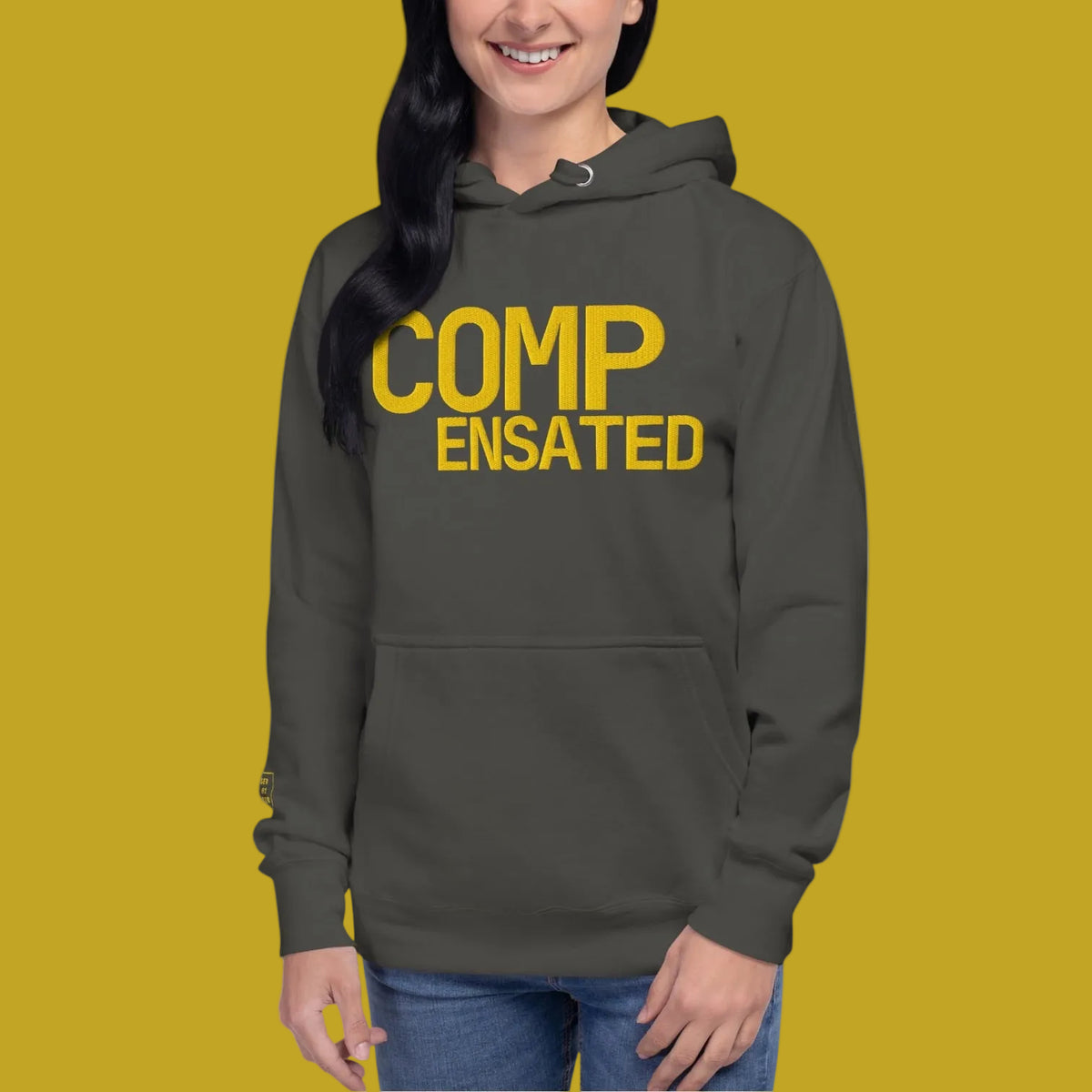 COMPENSATED heavyweight hoodie, yellow stitch — BLUE SICKS OPERATOR