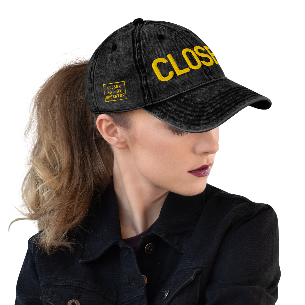 CLOSER vintage low profile hat in black, yellow stitch — BLUE SICKS OPERATOR
