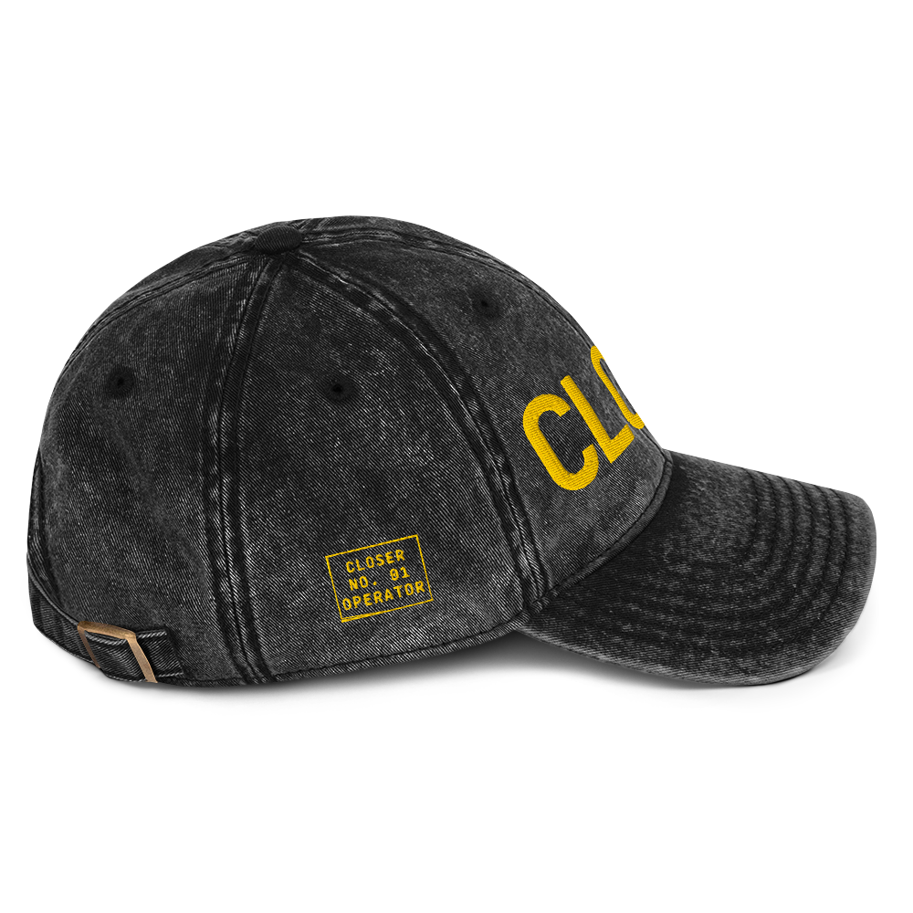 CLOSER vintage low profile hat in black, yellow stitch — BLUE SICKS OPERATOR