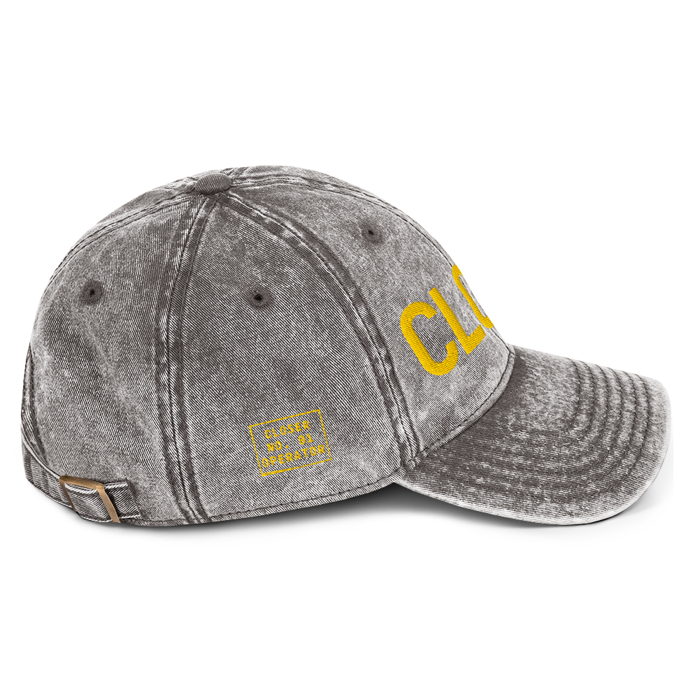 CLOSER vintage low profile hat in charcoal grey, yellow stitch — BLUE SICKS OPERATOR