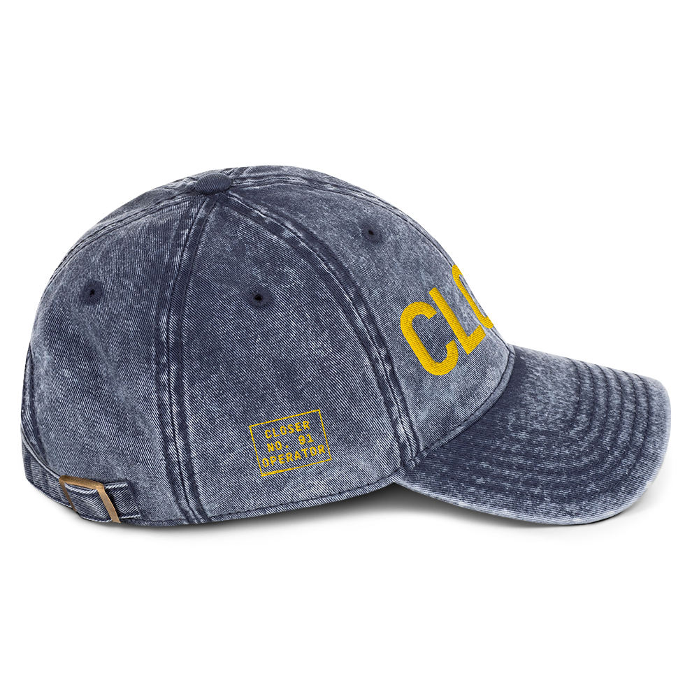 CLOSER vintage low profile hat in navy, yellow stitch — BLUE SICKS OPERATOR